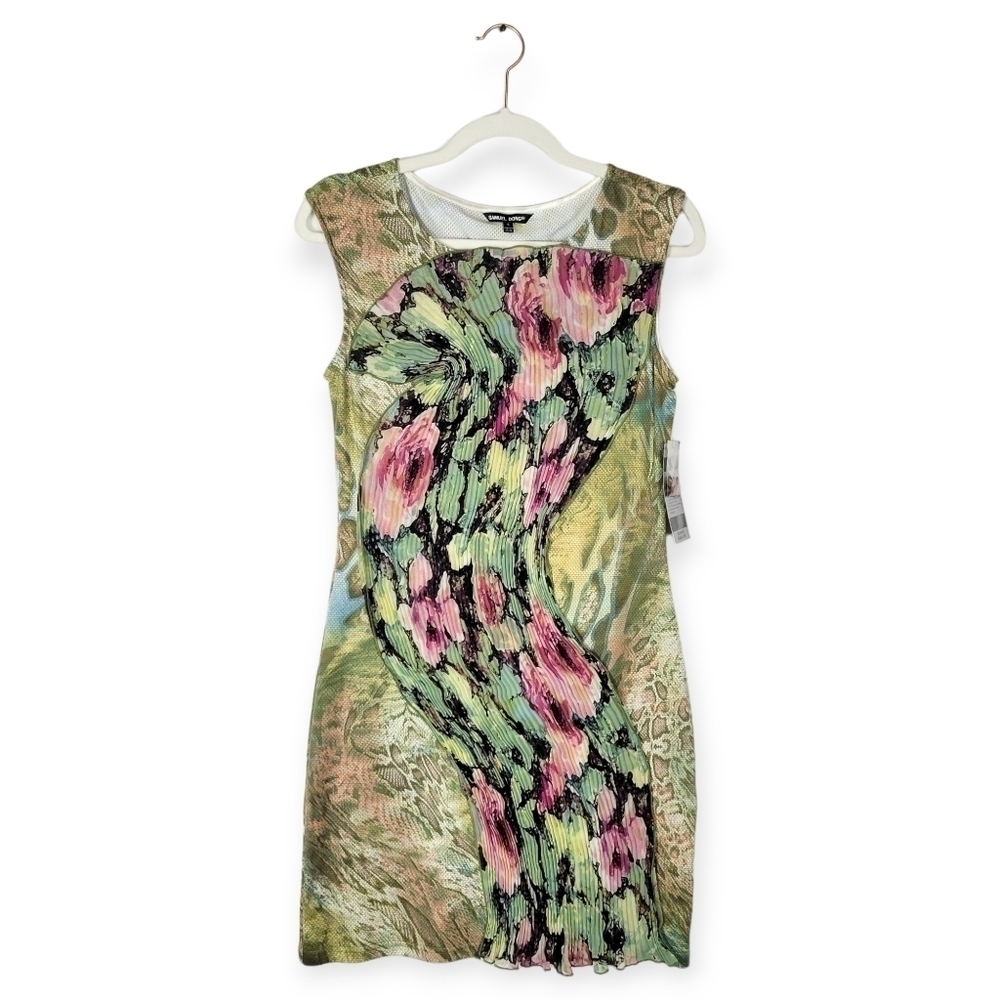 Samuel Dong Y2k Green Pink Roses Animal Print Pleated Fanned Fitted Midi Dress